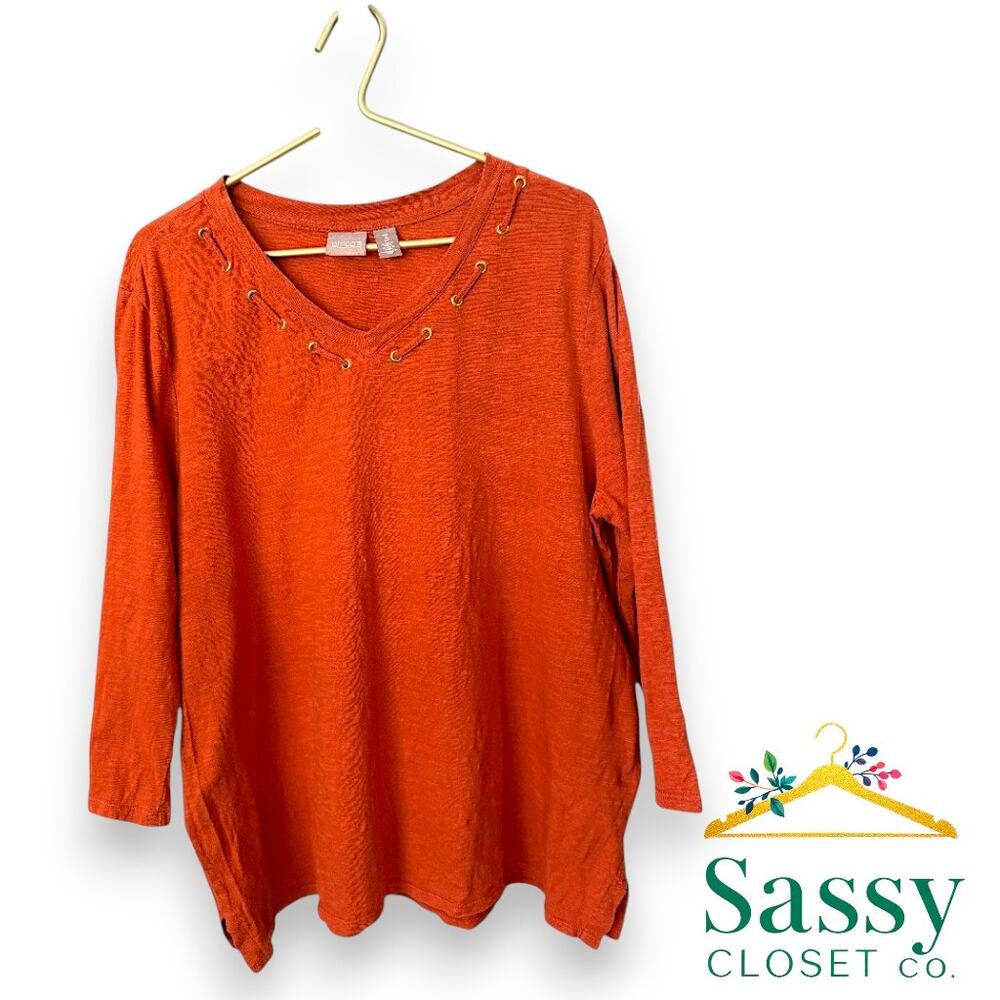 CHICO'S Terracotta Orange Cotton V-Neck Top 3 US 16 18 XL Grommet EUC
